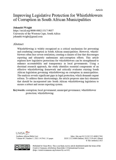 Journal Article: 'Improving Legislative Protection for Whistleblowers of Corruption in South African Municipalities'